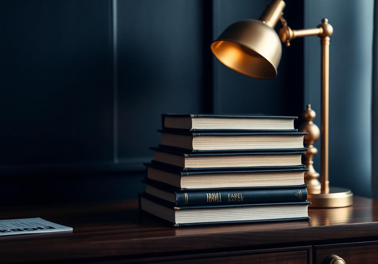 Stack of books beside a brass lamp on a walnut desk
